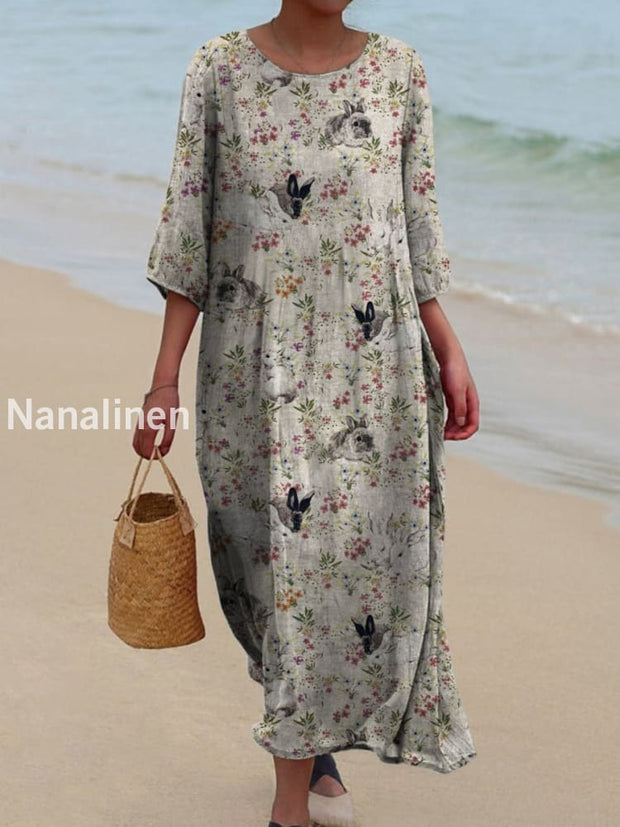 Retro Boho Floral Art Printed Round Neck Vintage Loose Long Sleeves Midi Dress A / S