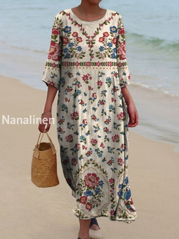 Retro Boho Floral Art Printed Round Neck Vintage Loose Long Sleeves Midi Dress A / S