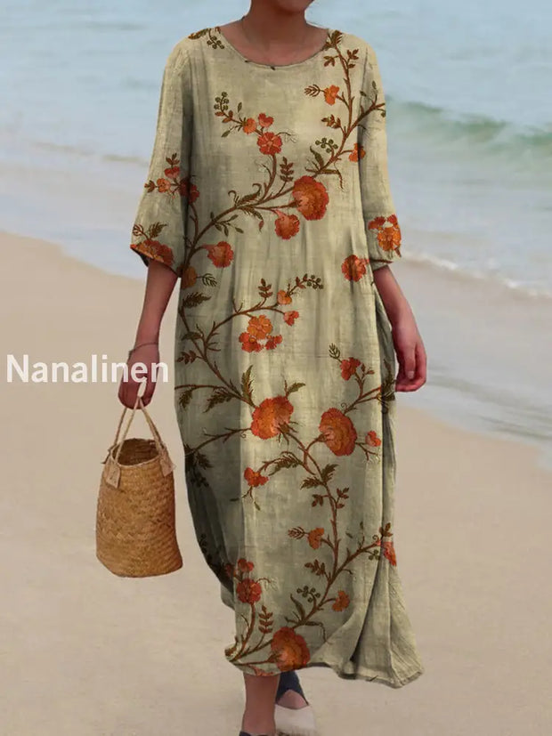 Retro Boho Floral Art Printed Round Neck Vintage Loose Long Sleeves Midi Dress A / S