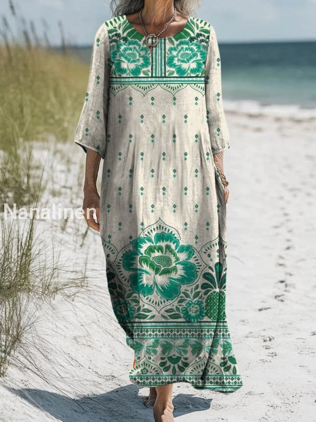 Retro Boho Floral Art Printed Round Neck Vintage Loose Long Sleeves Midi Dress A / S