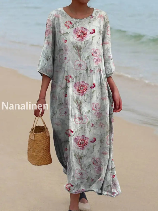 Retro Boho Floral Art Printed Round Neck Vintage Loose Long Sleeves Midi Dress A / S