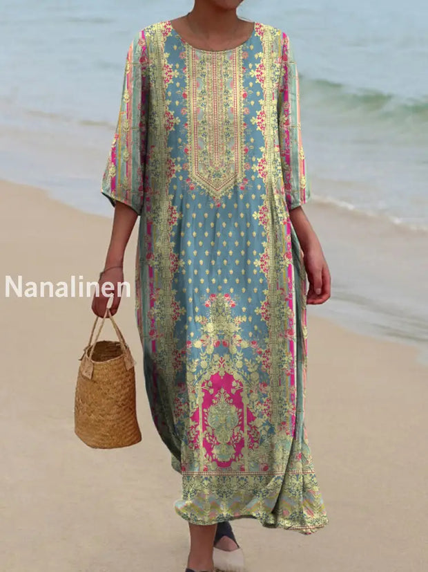 Retro Boho Floral Art Printed Round Neck Vintage Loose Long Sleeves Midi Dress A / S