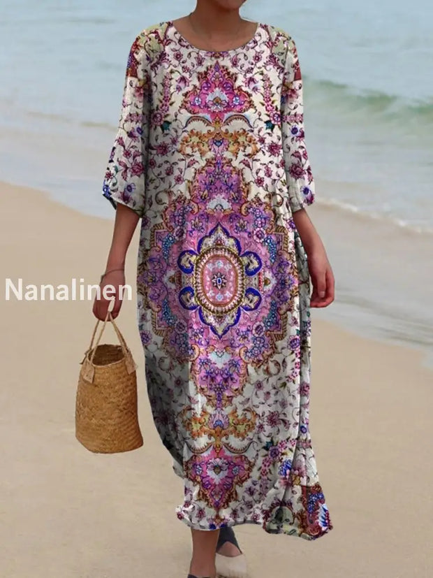 Retro Boho Floral Art Printed Round Neck Vintage Loose Long Sleeves Midi Dress A / S