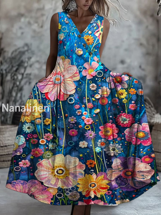 Retro Boho Floral Art Printed V-Neck Button Sleeveless Maxi Dress A / S