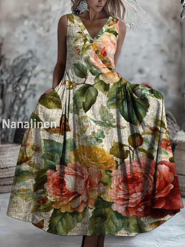 Retro Boho Floral Art Printed V-Neck Button Sleeveless Maxi Dress A / S