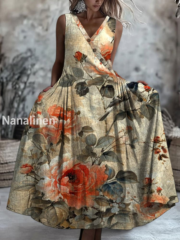 Retro Boho Floral Art Printed V-Neck Button Sleeveless Maxi Dress A / S