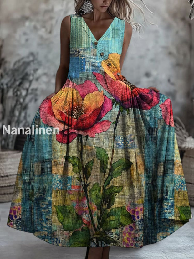 Retro Boho Floral Art Printed V-Neck Button Sleeveless Maxi Dress A / S