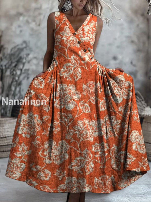 Retro Boho Floral Art Printed V-Neck Button Sleeveless Maxi Dress A / S