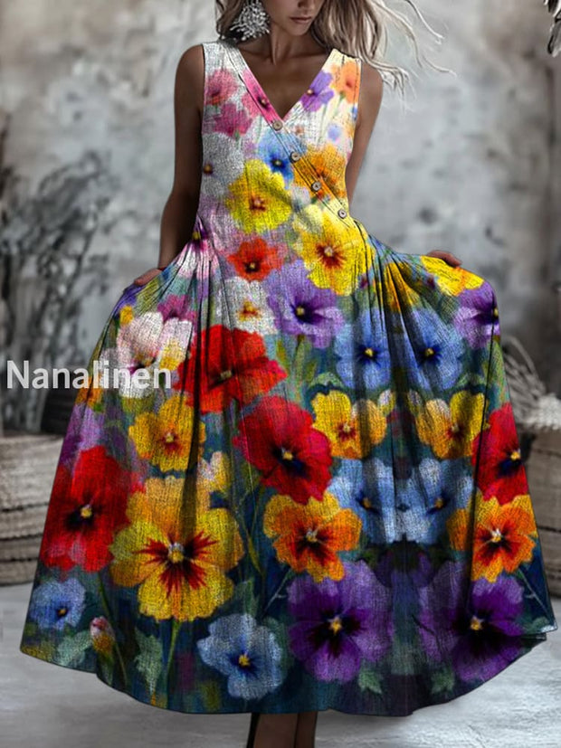 Retro Boho Floral Art Printed V-Neck Button Sleeveless Maxi Dress A / S