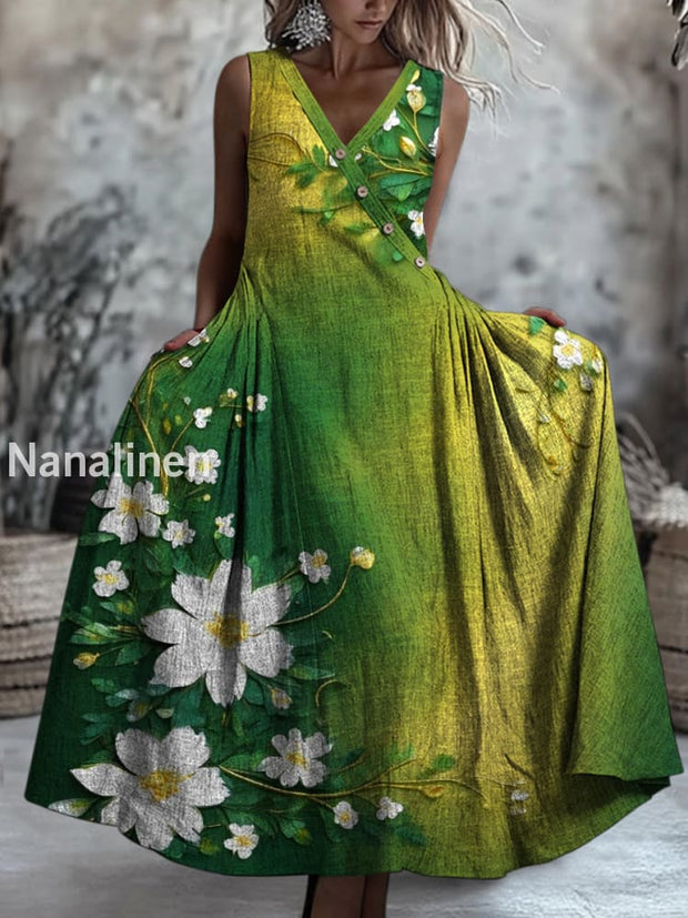 Retro Boho Floral Art Printed V-Neck Button Sleeveless Maxi Dress A / S