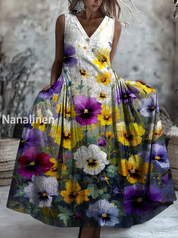 Retro Boho Floral Art Printed V-Neck Button Sleeveless Maxi Dress A / S