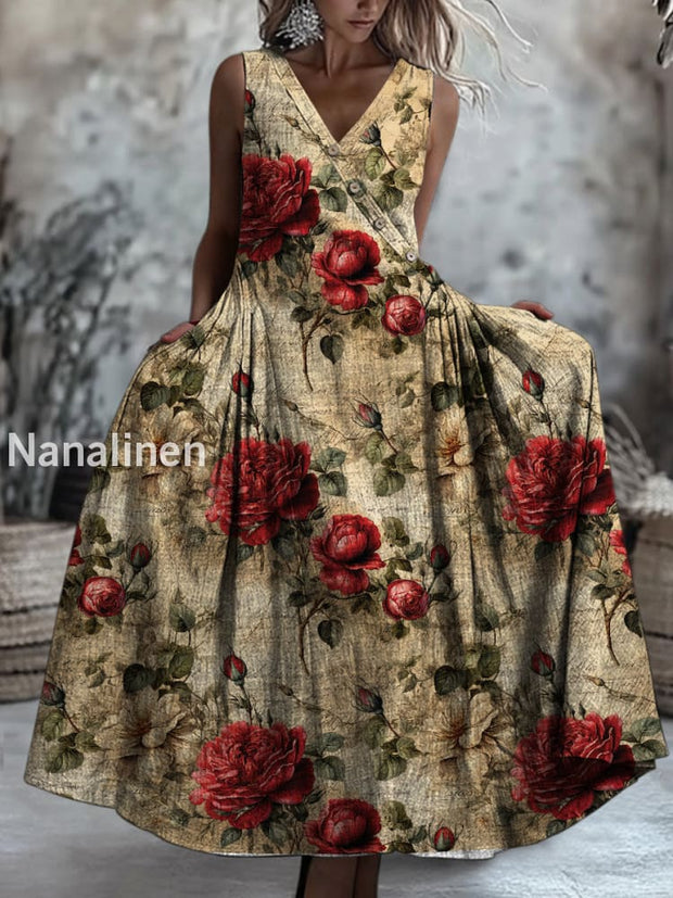 Retro Boho Floral Art Printed V-Neck Button Sleeveless Maxi Dress A / S