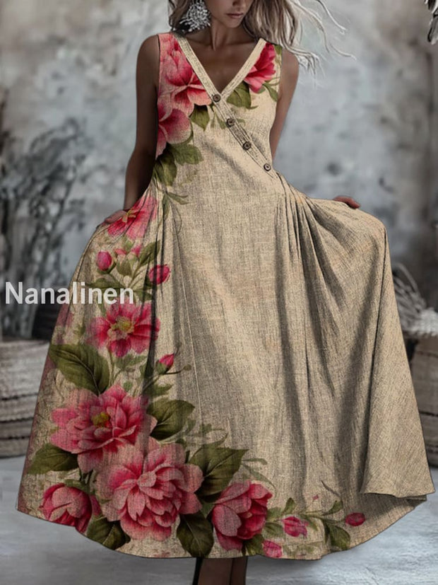 Retro Boho Floral Art Printed V-Neck Button Sleeveless Maxi Dress A / S