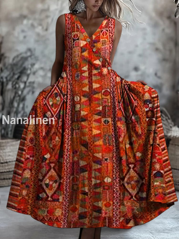 Retro Boho Floral Art Printed V-Neck Button Sleeveless Maxi Dress A / S