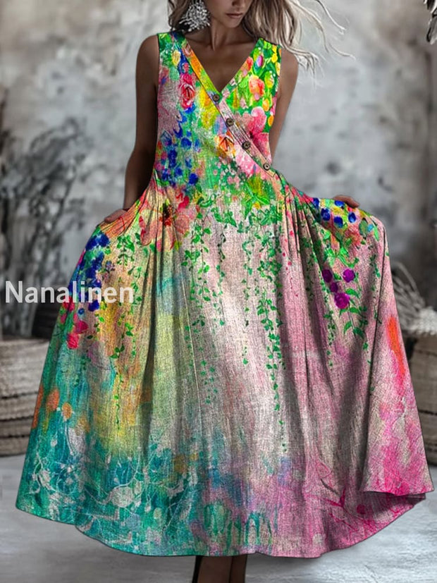 Retro Boho Floral Art Printed V-Neck Button Sleeveless Maxi Dress A / S