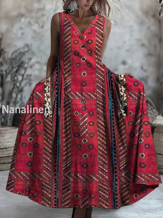 Retro Boho Floral Art Printed V-Neck Button Sleeveless Maxi Dress A / S