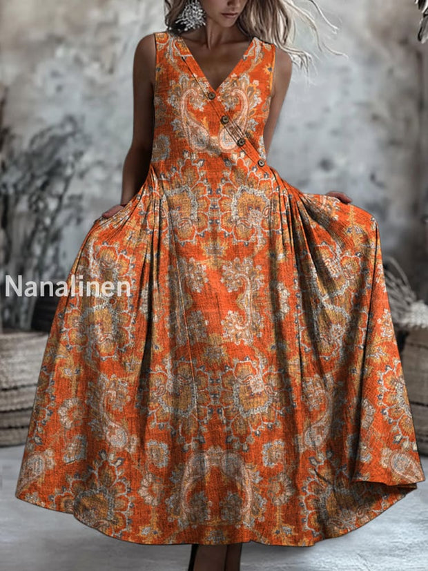 Retro Boho Floral Art Printed V-Neck Button Sleeveless Maxi Dress A / S