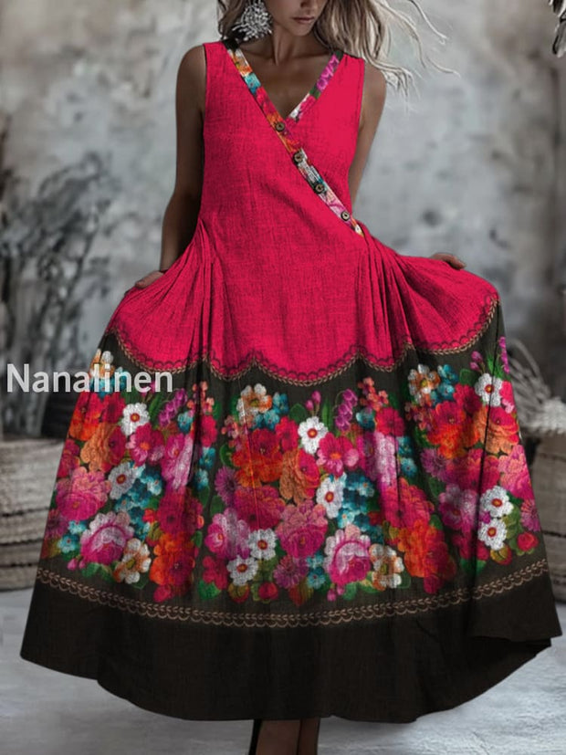 Retro Boho Floral Art Printed V-Neck Button Sleeveless Maxi Dress A / S