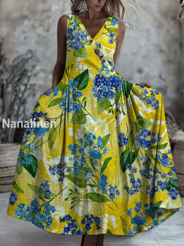 Retro Boho Floral Art Printed V-Neck Button Sleeveless Maxi Dress A / S