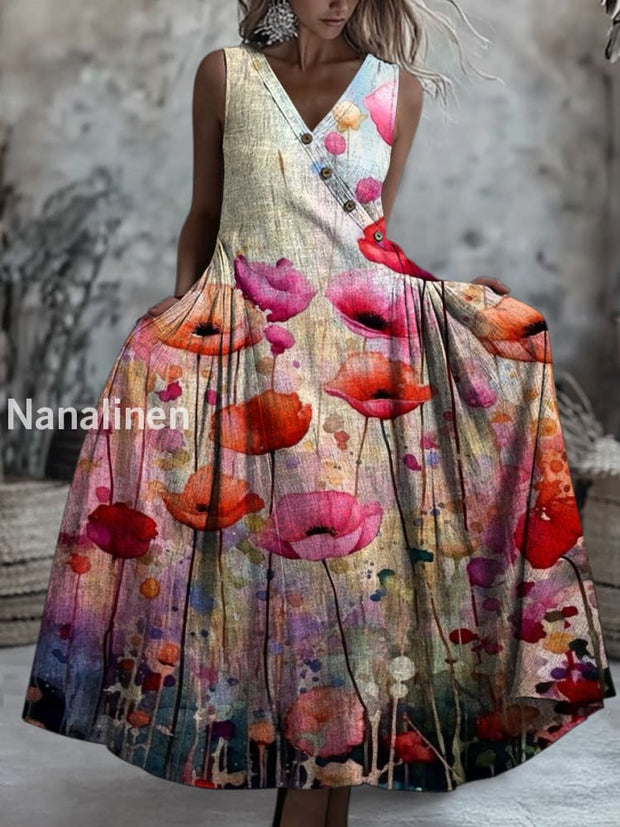 Retro Boho Floral Art Printed V-Neck Button Sleeveless Maxi Dress A / S