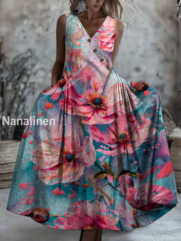 Retro Boho Floral Art Printed V-Neck Button Sleeveless Maxi Dress A / S