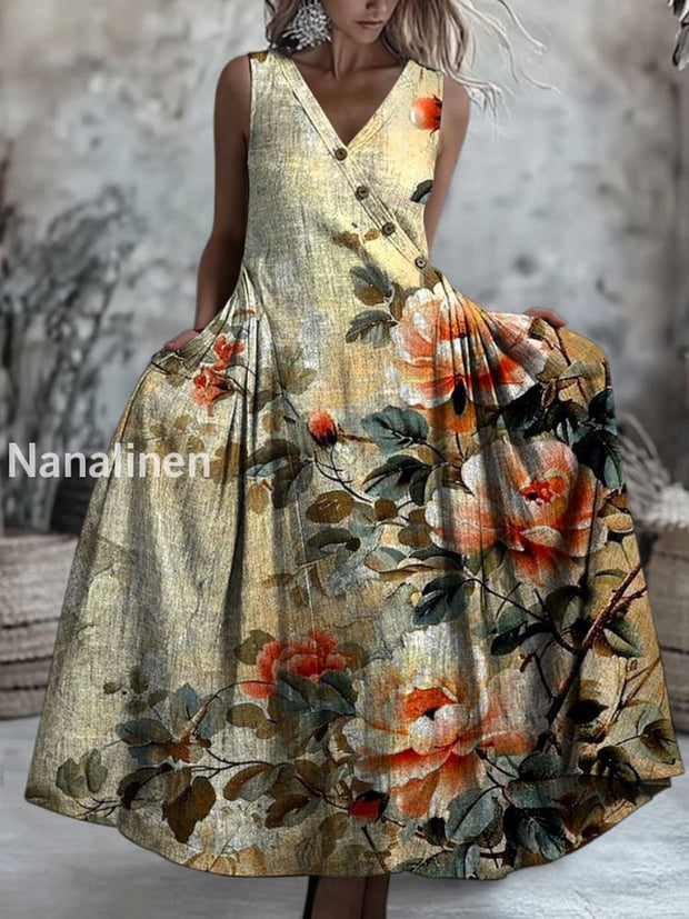Retro Boho Floral Art Printed V-Neck Button Sleeveless Maxi Dress A / S