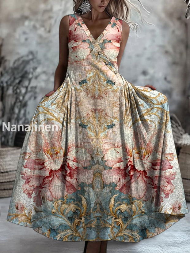 Retro Boho Floral Art Printed V-Neck Button Sleeveless Maxi Dress A / S