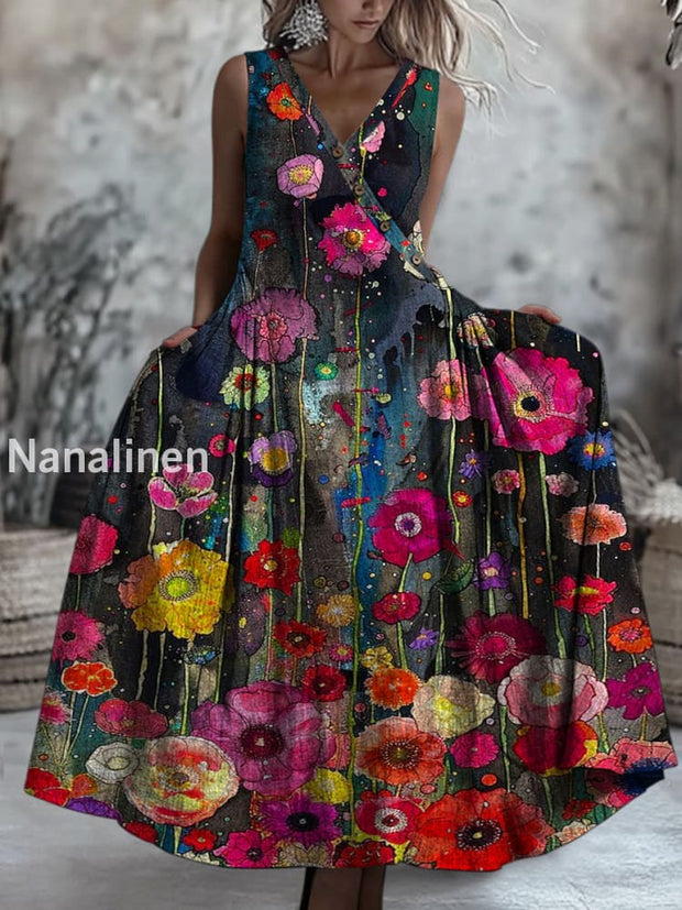 Retro Boho Floral Art Printed V-Neck Button Sleeveless Maxi Dress A / S
