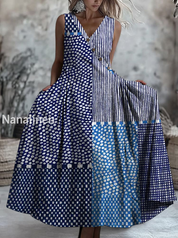Retro Boho Floral Art Printed V-Neck Button Sleeveless Maxi Dress A / S
