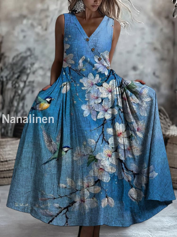 Retro Boho Floral Art Printed V-Neck Button Sleeveless Maxi Dress A / S