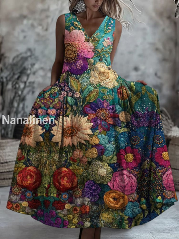 Retro Boho Floral Art Printed V-Neck Button Sleeveless Maxi Dress A / S