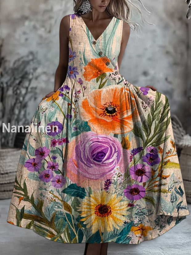 Retro Boho Floral Art Printed V-Neck Button Sleeveless Maxi Dress A / S