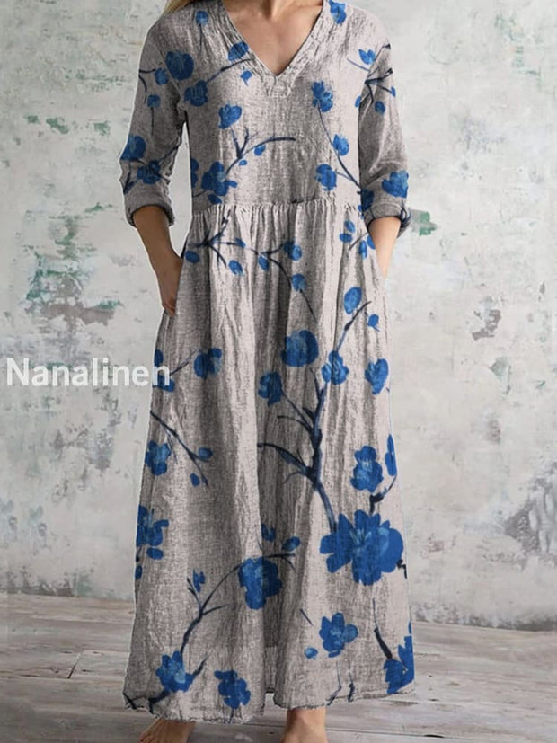 Retro Boho Floral Art Printed V-Neck Vintage Casual Long Sleeve Midi Dress A / S