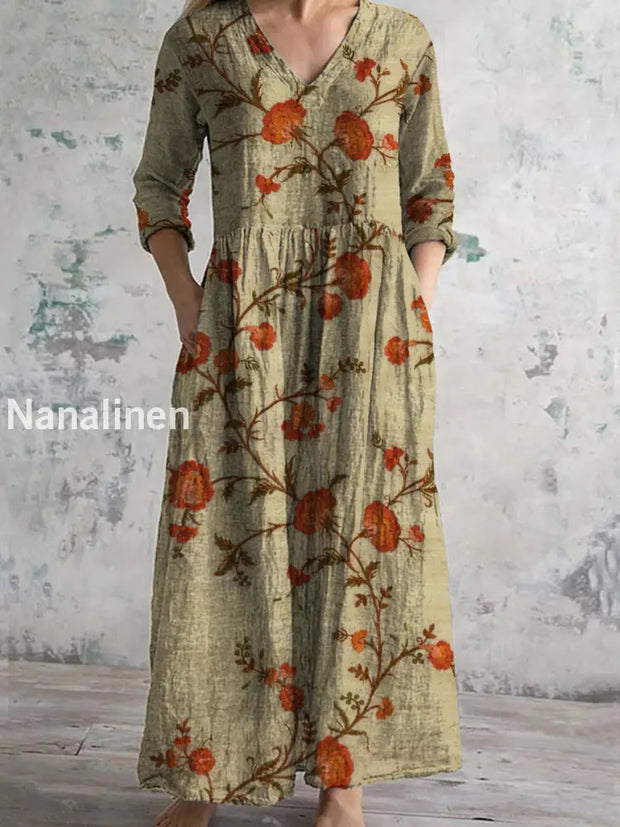 Retro Boho Floral Art Printed V-Neck Vintage Casual Long Sleeve Midi Dress A / S