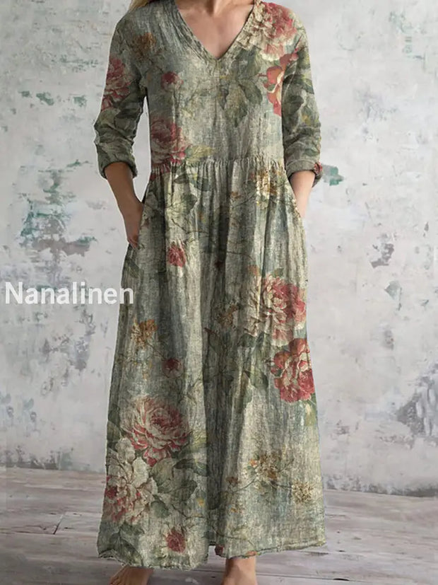 Retro Boho Floral Art Printed V Neck Vintage Casual Long Sleeve Midi Dress A / S