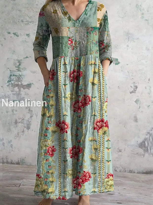 Retro Boho Floral Art Printed V-Neck Vintage Casual Long Sleeve Midi Dress A / S