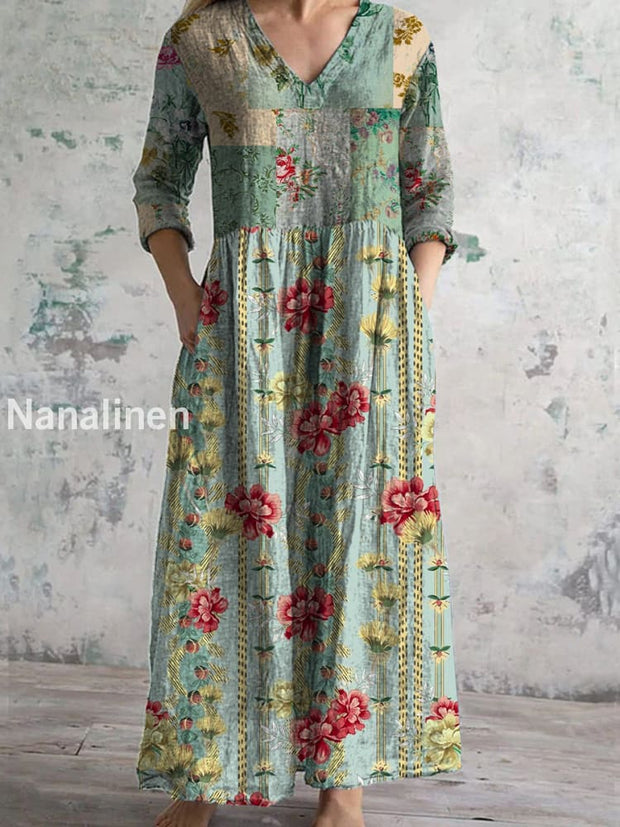 Retro Boho Floral Art Printed V-Neck Vintage Casual Long Sleeve Midi Dress A / S