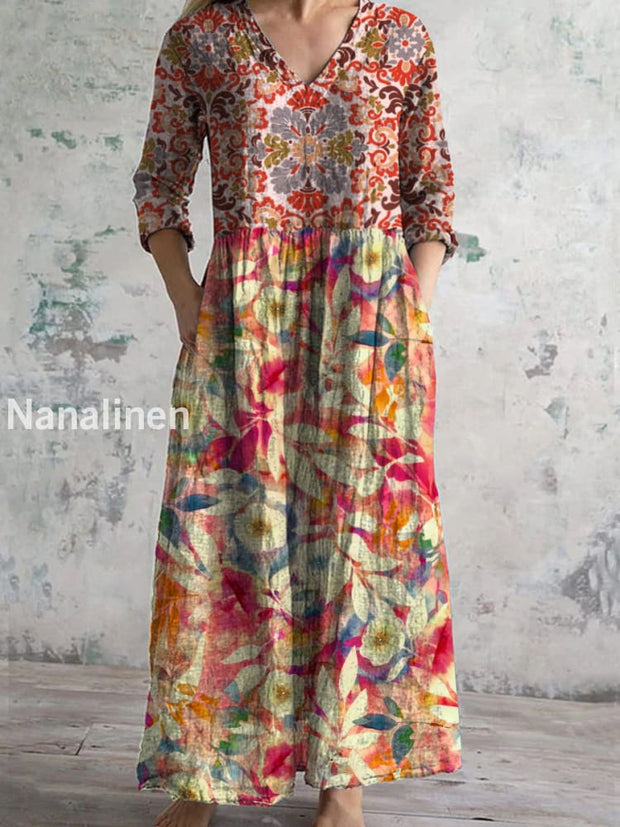 Retro Boho Floral Art Printed V-Neck Vintage Casual Long Sleeve Midi Dress A / S