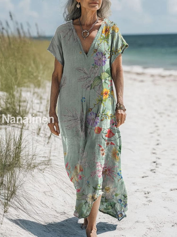 Retro Boho Floral Art Printed V-Neck Vintage Loose Long Sleeves Midi Dress A / S