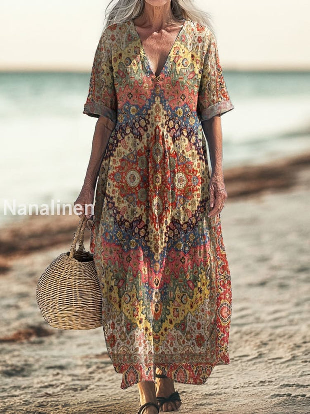 Retro Boho Floral Art Printed V-Neck Vintage Loose Long Sleeves Midi Dress A / S