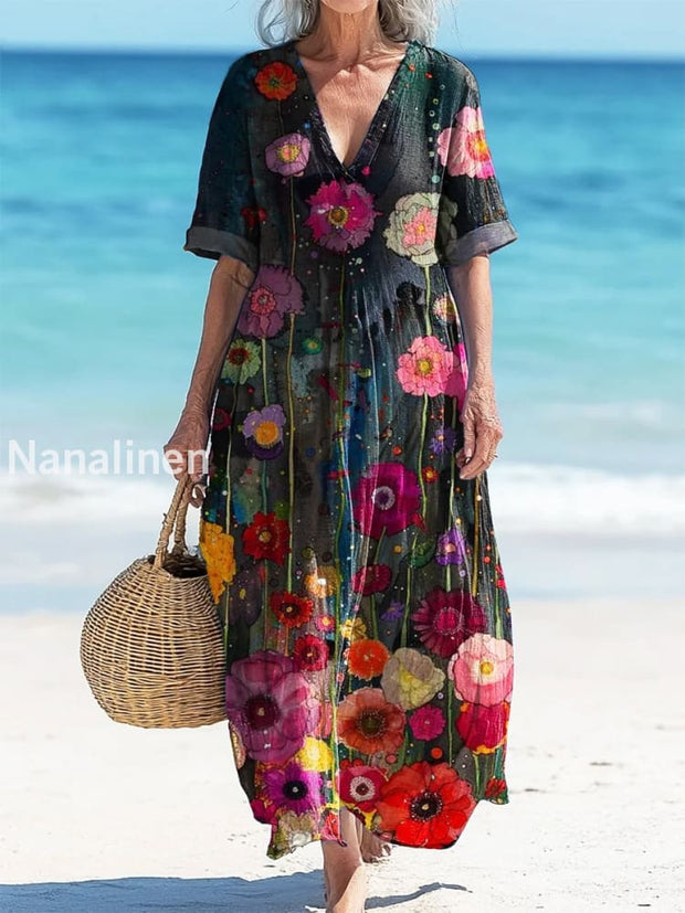 Retro Boho Floral Art Printed V-Neck Vintage Loose Long Sleeves Midi Dress A / S