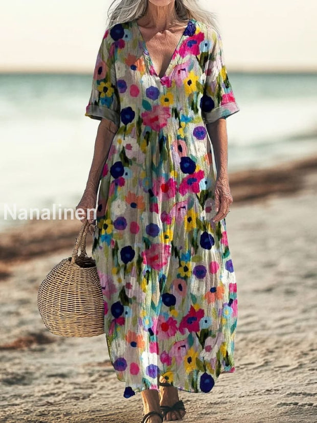 Retro Boho Floral Art Printed V-Neck Vintage Loose Long Sleeves Midi Dress A / S