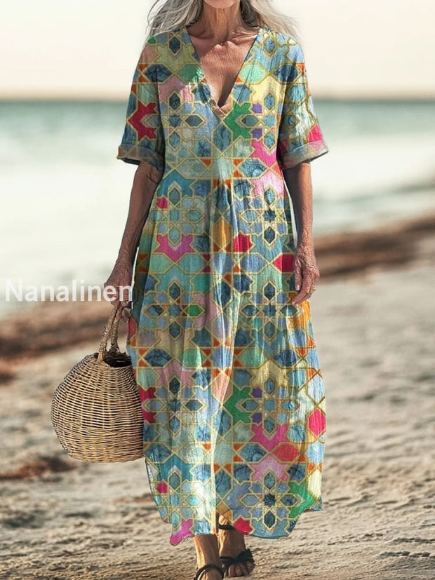 Retro Boho Floral Art Printed V-Neck Vintage Loose Long Sleeves Midi Dress A / S