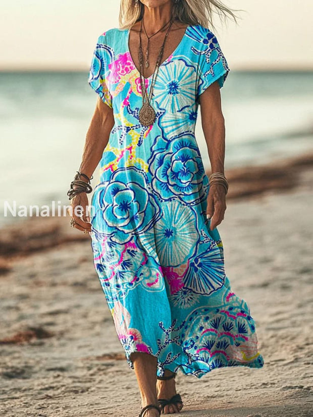 Retro Boho Floral Art Printed V-Neck Vintage Loose Short Sleeves Midi Dress A / S