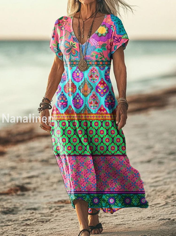 Retro Boho Floral Art Printed V-Neck Vintage Loose Short Sleeves Midi Dress A / S