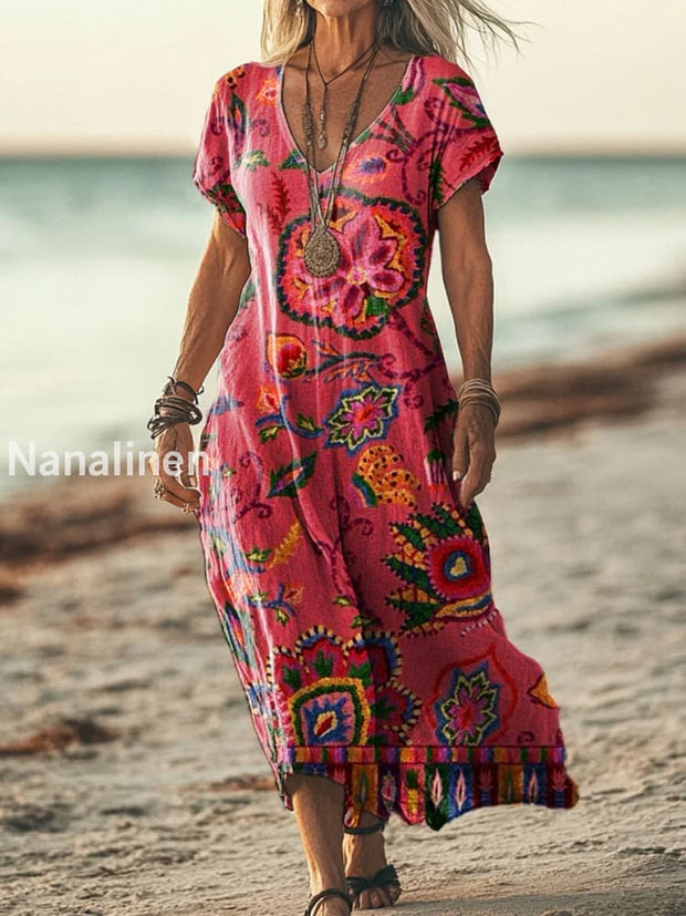 Retro Boho Floral Art Printed V-Neck Vintage Loose Short Sleeves Midi Dress A / S