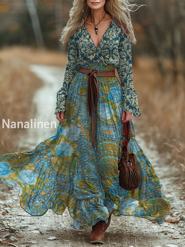 Retro Boho Floral Art Printed Vintage Chic V-Neck Belt Up Bohemian Long Sleeve Midi Dress A / S