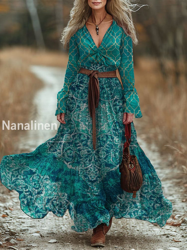 Retro Boho Floral Art Printed Vintage Chic V-Neck Belt Up Bohemian Long Sleeve Midi Dress A / S