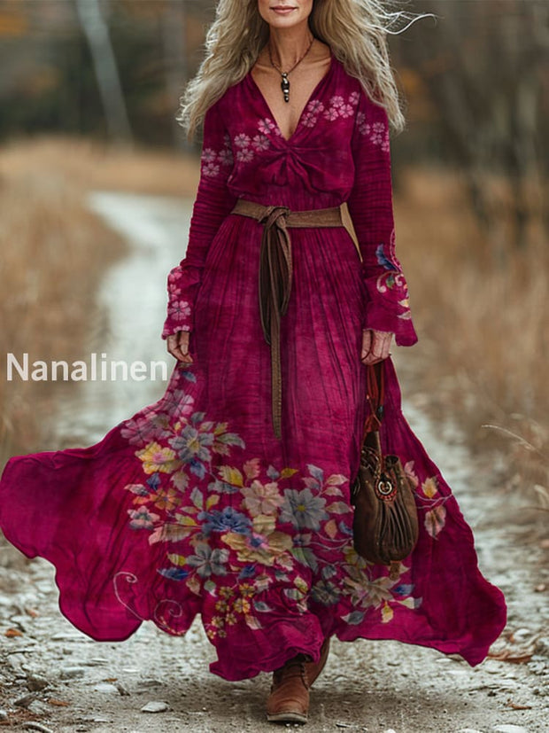 Retro Boho Floral Art Printed Vintage Chic V-Neck Belt Up Bohemian Long Sleeve Midi Dress A / S