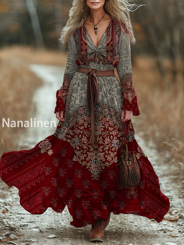 Retro Boho Floral Art Printed Vintage Chic V-Neck Belt Up Bohemian Long Sleeve Midi Dress A / S